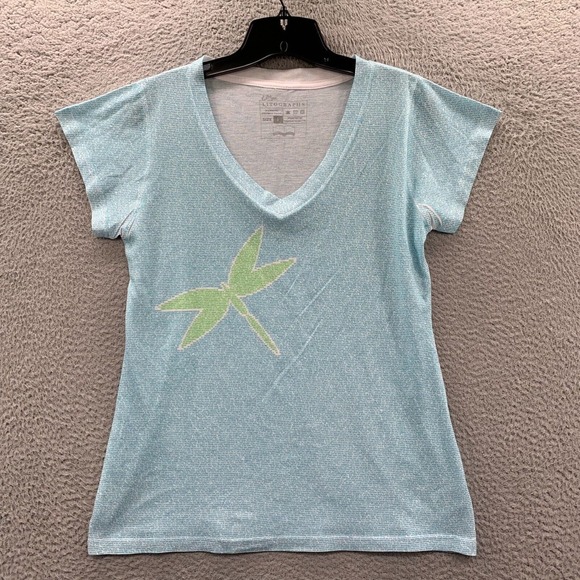 LITOGRAPHS Shirt Womens Medium Top Tee Short Sleeve Blue White* - Picture 1 of 8